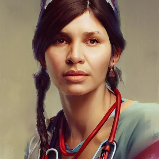 Image similar to Portrait of a Native American woman as a modern nurse in a hospital, digital art by Ruan Jia and Mandy Jurgens and Artgerm, highly detailed, trending on artstation, award winning,