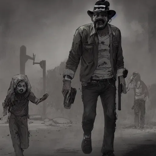 Prompt: don ramon and the chilindrina walking dead game telltale, gigachad black and white trending on artstation, painted by greg rutkowski