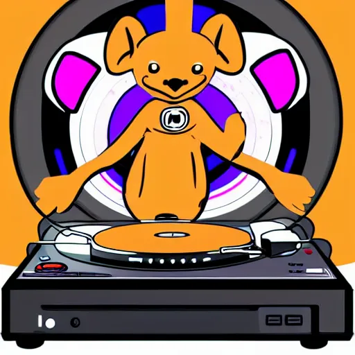 Prompt: svg sticker of a Dancing-Squirrel, at a rave, spinning records, giant headphones rocking out, wearing headphones, huge speakers, dancing, rave, DJ, spinning records, digital art, amazing composition, rule-of-thirds, award-winning, trending on artstation, featured on deviantart