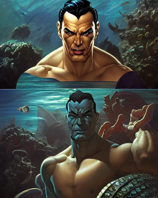 Image similar to namor under the sea, atlantis, marvel comics, fantasy character portrait, ultra realistic, concept art, intricate details, highly detailed by james bamaruan jia and mandy jurgens and artgerm and william adolphe bouguereau and frank frazetta