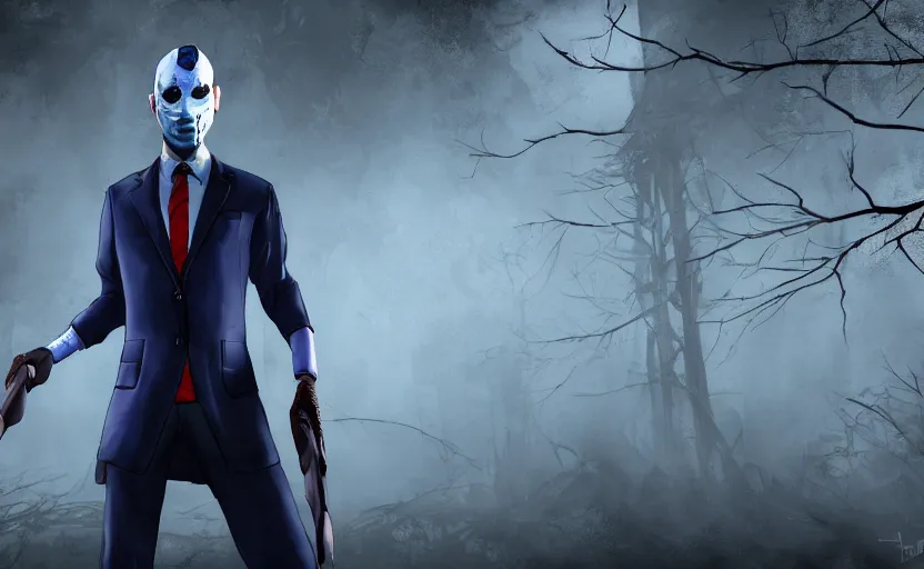 Prompt: cinematic view of a dead by daylight killer lawyer wearing a blue business suit, character portrait, digital art