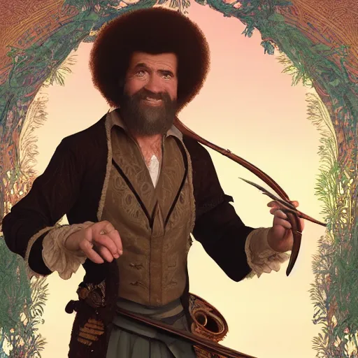 Image similar to an ultra detailed vector image of bob ross dressed as a fantasy bard, d & d, epic fantasy, concept art by alphonse mucha and greg rutkowski, octane render, 8 k, detailed face