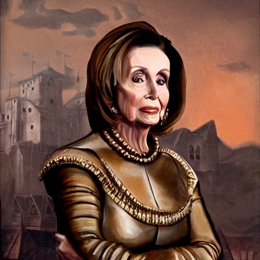 Image similar to painting of nancy pelosi standing in front of 1 6 th century backdrop. she looks like vigo the carpathian wearing armor. patina on armor. she ominously stares forward. she looks like a brutal warlord. hand on hip, arm resting on large stone. sepia toned. dramatic lighting. painting by lou police for ghostbusters 2.
