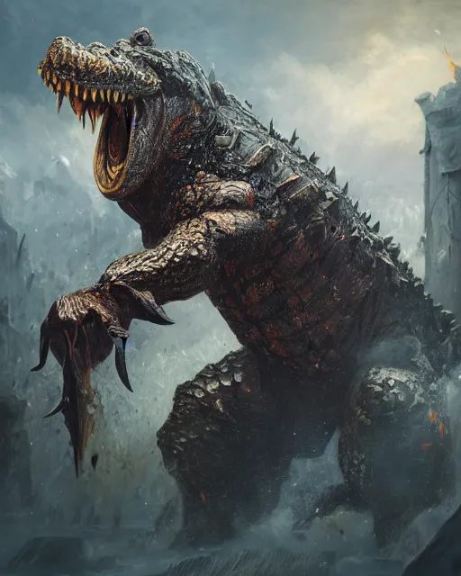 Prompt: oil painting of Angry Anthropomorphized Crocodile Berserker, wearing fur armor, claws, sharp focus, attack pose, fantasy style, octane render, volumetric lighting, 8k high definition, by greg rutkowski, highly detailed, trending on art Station, magic the gathering artwork, burning Battlefield background, centered