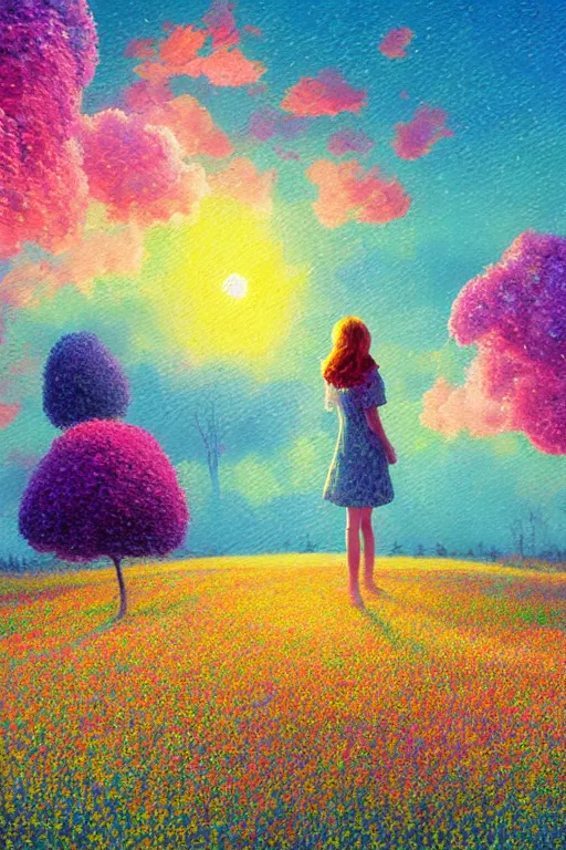 Image similar to flower growing out of girl body, standing in a flower field, big trees, sunrise dramatic light, impressionist painting, colorful clouds, digital painting, pointillism, artstation, simon stalenhag