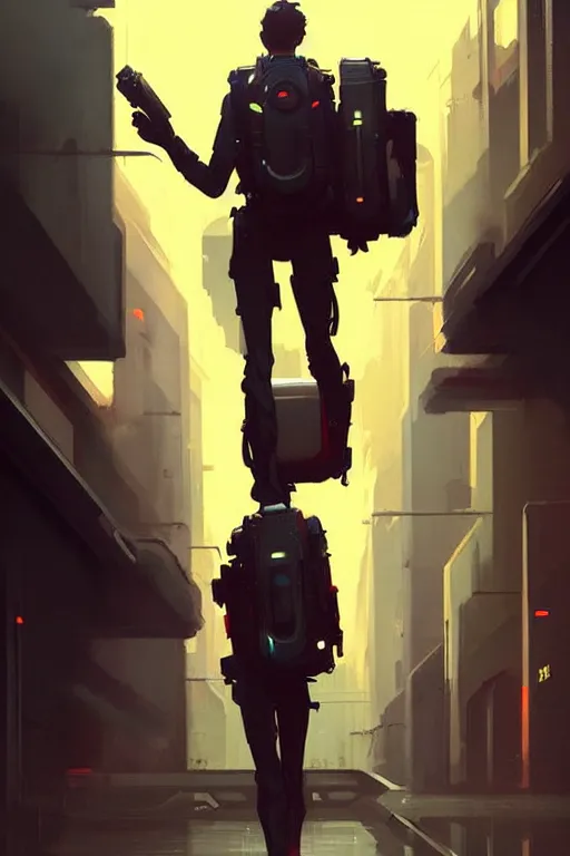 Image similar to greg rutkowski travel poster science fiction futuristic delivery boy