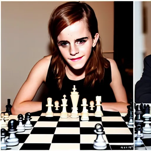 Prompt: emma watson playing chess against gary kasparov and winning!