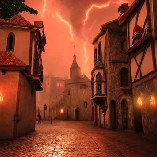 Prompt: medieval city, red violent magical thunderstorm, behrens style, unreal 5 render, fantasy digital art, octane render, beautiful composition, trending on artstation, award - winning photograph, masterpiece