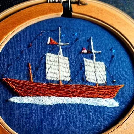 Prompt: a tiny beautiful handmade embroidery of a ship on the ocean. hand embroidery.