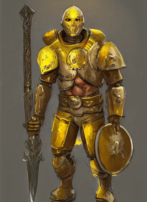 Prompt: dynamic portrait of a cyclopean warforged character in yellow armor holding a paladin engraved longsword and carrying a big shield, epic , trending on ArtStation, cinematic lighting, by Jesper Ejsing