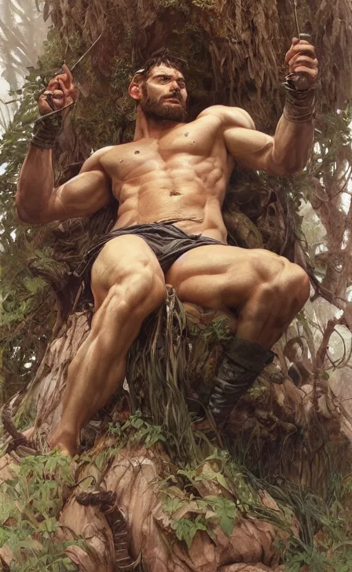 Image similar to god of the forest, 30 years old, rugged, male, gorgeous, detailed face, detailed hands!!!!!!, amazing, thighs!!!!!!, muscular, intricate, highly detailed, digital painting, artstation, concept art, sharp focus, illustration, art by greg rutkowski and alphonse mucha