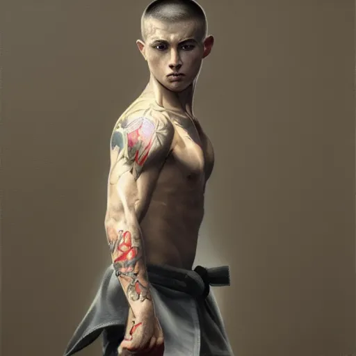 Prompt: A detailed matte oil on canvas painting of a young white male martial artist monk, orchid arm tattoos by greg rutkowski, trending on artstationhd, dungeons and dragons art