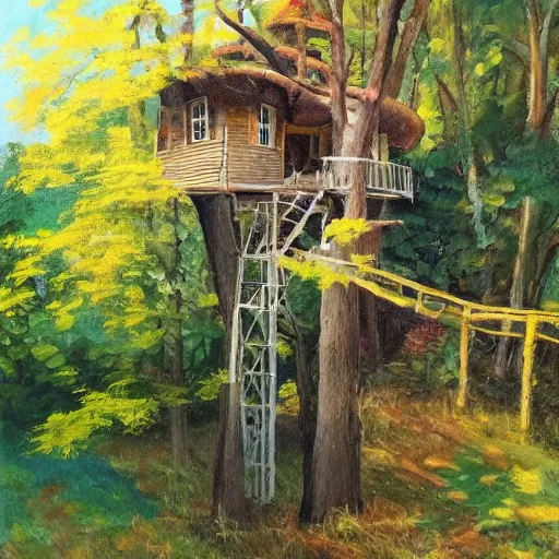 Image similar to treehouse in the countryside on a sunny day, peaceful, dreamy, brush strokes, oil painting