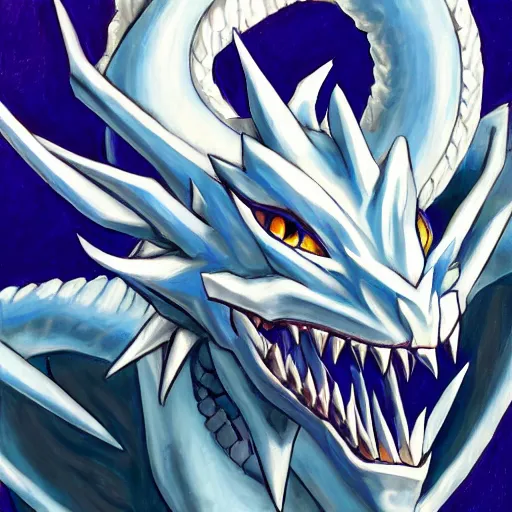 Prompt: Trending on artstation, Blue-Eyes White Dragon from Yu-Gi-Oh, in the style of Kazuki Takahashi, oil on canvas