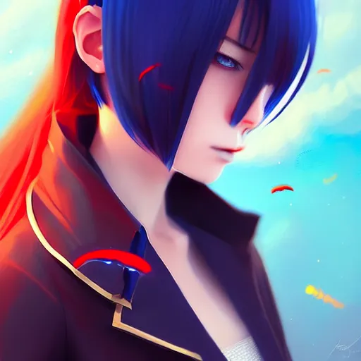 Image similar to giant droplets of water floating around rimuru tempest flying with bat wings in the sky, sky blue straight hair, bangs, with amber eyes, red tailcoat, high collar, ultra fine detail, dark theme, digital painting, psychedelic, cinematic, wlop, pixiv, ilya kuvshinov, ross tran