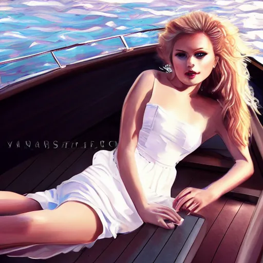 Image similar to beautiful russian models on a yacht wearing a white dress, detailed face with pink lips, blue eyes and large forehead, moody lighting, peaceful atmosphere, digital art, highly detailed, high contrast, beautiful lighting, award winning, trending on art station, 8 k,