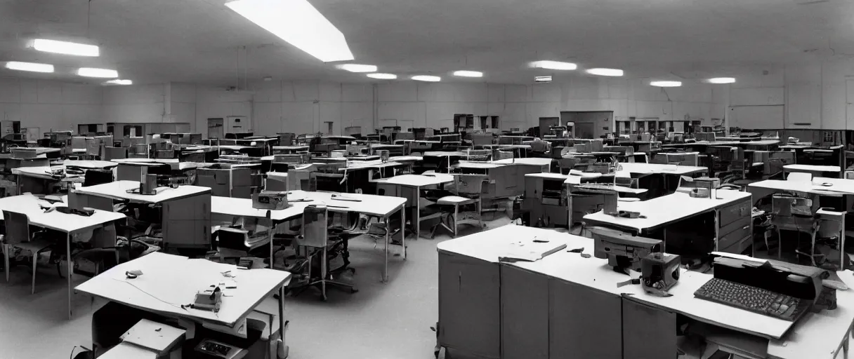 Prompt: movie still 4 k uhd 3 5 mm film color photograph of an abandoned computer laboratory control room full of cold war era computers