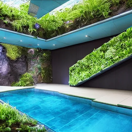 Image similar to a large blue futuristic room, startrek style, filled with plants, vegetation, rocks and a swimming pool.