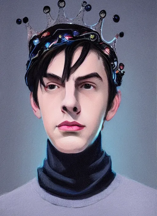 Image similar to portrait of teenage jughead jones wearing a light grey crown, crown, blue turtleneck, 1 9 5 0 s, closed eyes, photorealistic, black hair, glowing lighting, intricate, elegant, glowing lights, highly detailed, digital painting, artstation, concept art, smooth, sharp focus, illustration, art by wlop, mars ravelo and greg rutkowski