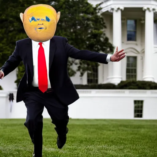 Prompt: a baked potato running for president, wearing a presidential suit and tie, at the white house