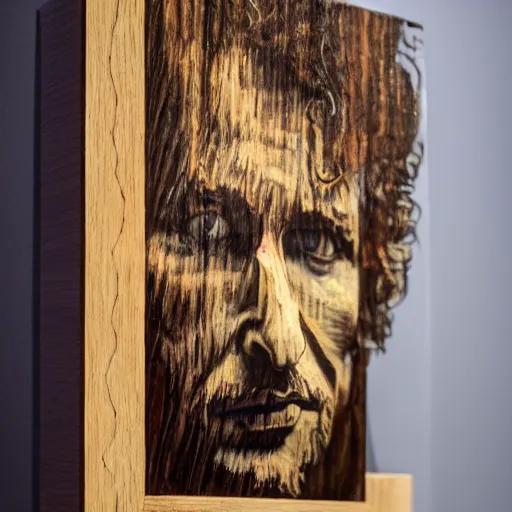 Image similar to accurate portrait of a bob dylan, symmetrical face, carved out of red oak wood on a pedestal art by vincent van gogh, dramatic lighting, artsy, 8 k