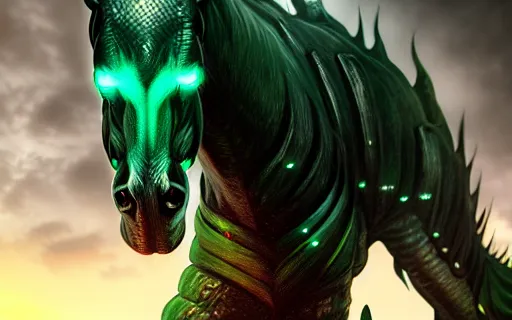 Prompt: an epic fantasy comic book style portrait painting of an giant abyssal green alien horse, menacing. unreal 5, daz, hyperrealistic, octane render, cosplay, rpg portrait, dynamic lighting