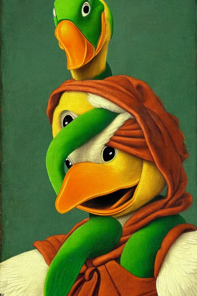 Prompt: a renaissance portrait of donald duck as a green parrot ninja turtle, beautiful intricate painting