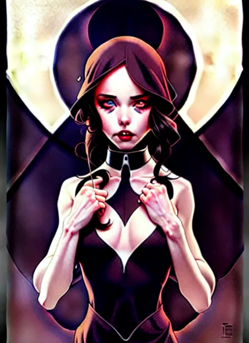 Image similar to artgerm, joshua middleton comic cover art, full body pretty kacey rohl vampire, symmetrical eyes, symmetrical face, long curly black hair, dark castle background background, cinematic lighting