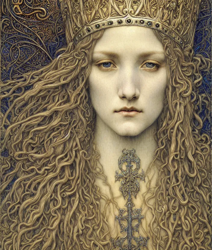 Image similar to detailed realistic beautiful young medieval queen face portrait by jean delville, gustave dore and marco mazzoni, art nouveau, symbolist, visionary, gothic, pre - raphaelite. horizontal symmetry