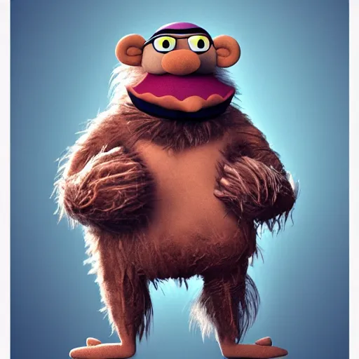 Image similar to a still of a forgotten muppet character looking very manly and modern, hilarious, laughing, hairy chest, huge chin, manly monster tough guy, roughled fur, photo real, photographic, photograph, artstation, trending, featured