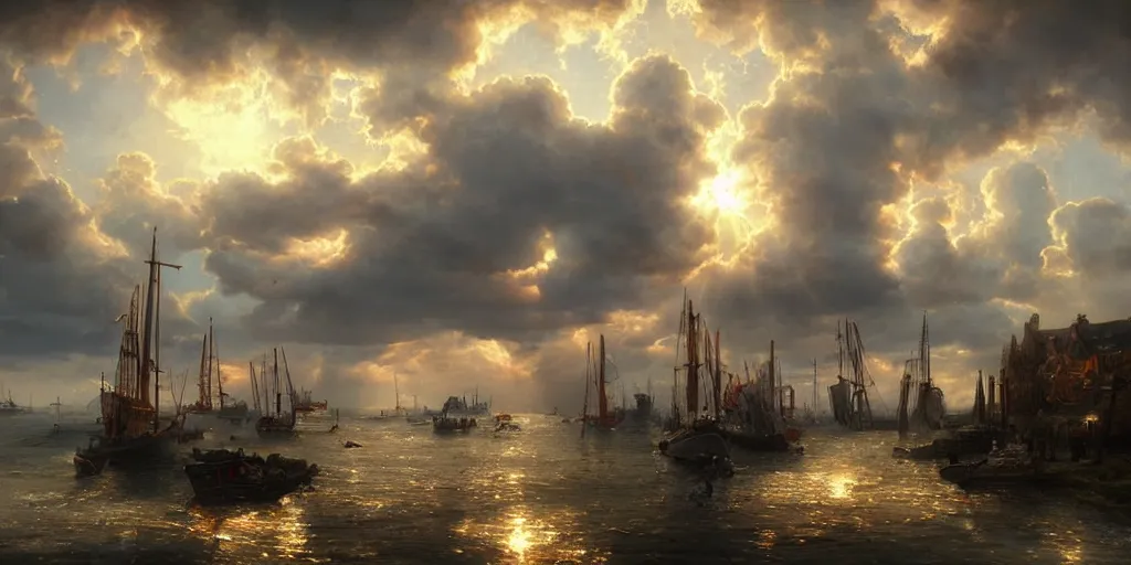 Prompt: beautiful seventeenth century harbour, vivid colors, gorgeous clouds, god rays, digital art, landscape, fantasy art, octane render, ureal engine, high detail, very realistic, by greg rutkowski. by james gurney