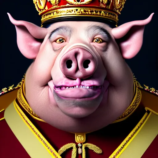 Image similar to a portrait of King Vajiralongkorn with the facial features of a pig, realistic face, grimdark extremely detailed fantasy art by Gerald Brom, octane render