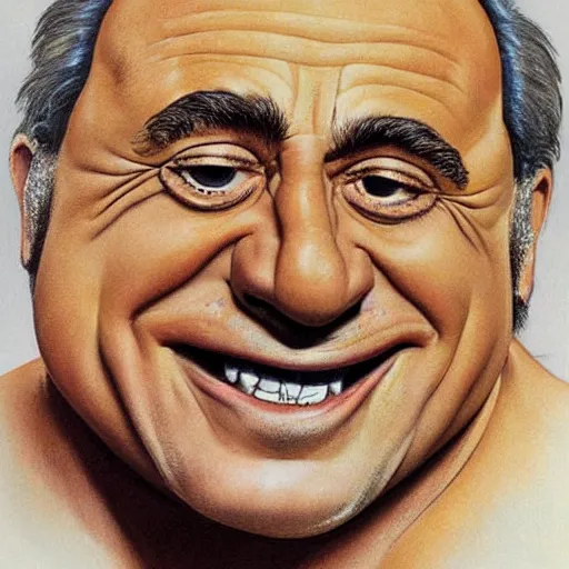 Image similar to portrait of the face of danny devito smiling sly intricate detailed by boris vallejo