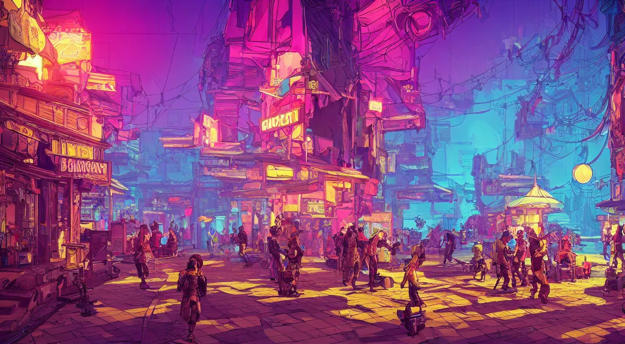 Image similar to bazaar zouk oriantal full color sky shine place mosquet painting stylized digital illustration video game icon global illumination ray tracing that looks like it is from borderlands and by feng zhu and loish and laurie greasley, victo ngai, andreas rocha, john harris