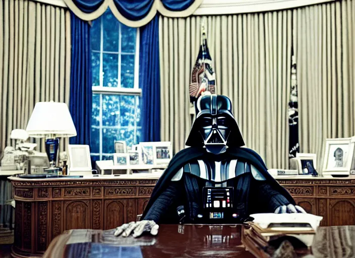 Prompt: film still of Darth Vader is president of the United States sitting in the Oval Office in the new Star Wars movie, 4k