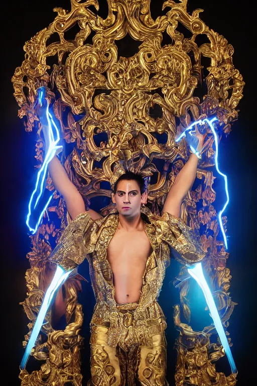 Prompt: full-body sculpture of a young handsome Colombiano prince sin camisa as a half cibernetic android with a glowing blue battery in his chest, white laser beam coming out of his eyes, crown of giant diamonds, flowing neon-colored silk, fabric, raptors, in a cyperbunk and baroque style. baroque elements. full-length view. baroque element. intricate artwork by caravaggio. many many birds birds on background. Trending on artstation, octane render, cinematic lighting from the right, hyper realism, octane render, 8k, depth of field, 3D