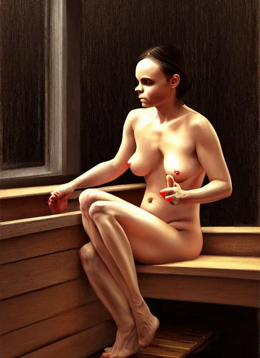 Prompt: christina ricci in finnish sauna, backround dark, highly detailed, digital illustration, trending in artstation, modern painting, smooth, sharp focus, intricate, einar jonsson, ilya repin