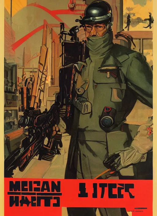 Prompt: propaganda poster. cyberpunk mercenary. portrait by jean giraud and anton otto fischer and john philip falter and will eisner and gil elvgren