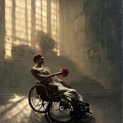 Prompt: handsome portrait of a wheelchair guy fitness posing, radiant light, caustics, war hero, playing wheelchair basketball, by gaston bussiere, bayard wu, greg rutkowski, giger, maxim verehin