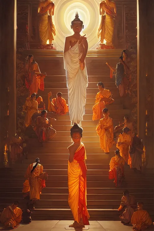 Image similar to temple, buddhism, painting by greg rutkowski, j. c. leyendecker, artgerm