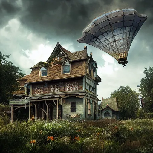 Prompt: flying house victorian style race\'s, clouds, style Gediminas Pranckevicius, realistic, many details, Ultra detailed, octane render
