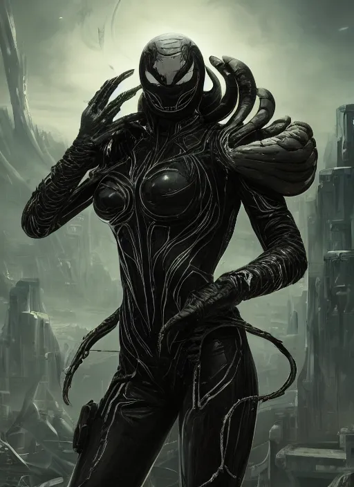 Prompt: high intricate venom with white sci - fi armor and black garment, space harbor, maria panfilova, andrea savchenko, mike kime, ludovic plouffe, qi sheng luo, oliver cook, julian calle, eddie mendoza, trending on artstation