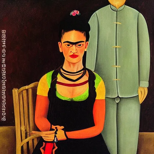 Prompt: oil painting of Frida kahlo standing and holding a knife next to a blindfolded man tied to a chair