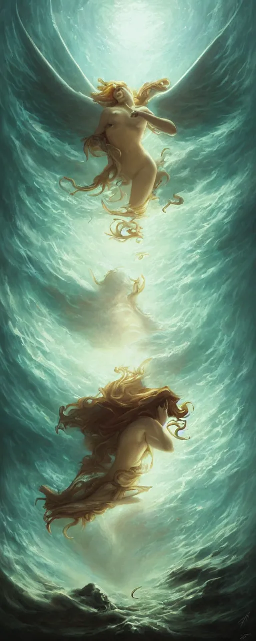 Prompt: underwater scene with an angel by peter mohrbacher