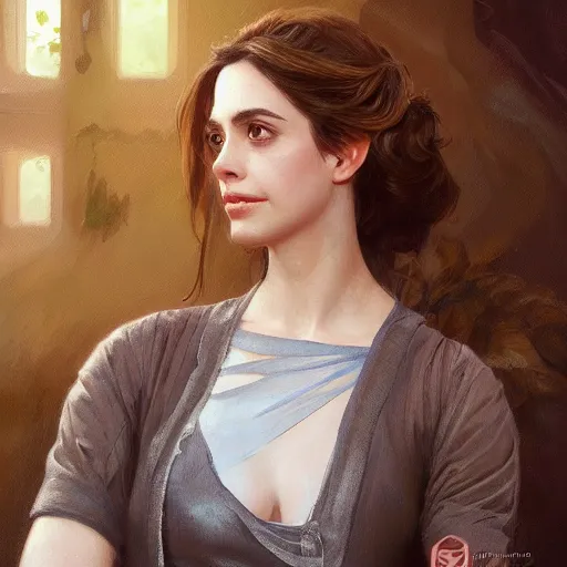 Image similar to a portrait painting of alison brie / anne hathaway / rachel lane hybrid in the oil painting unreal 5 daz. rpg portrait, extremely detailed artgerm greg rutkowski alphonse mucha vladimir volegov