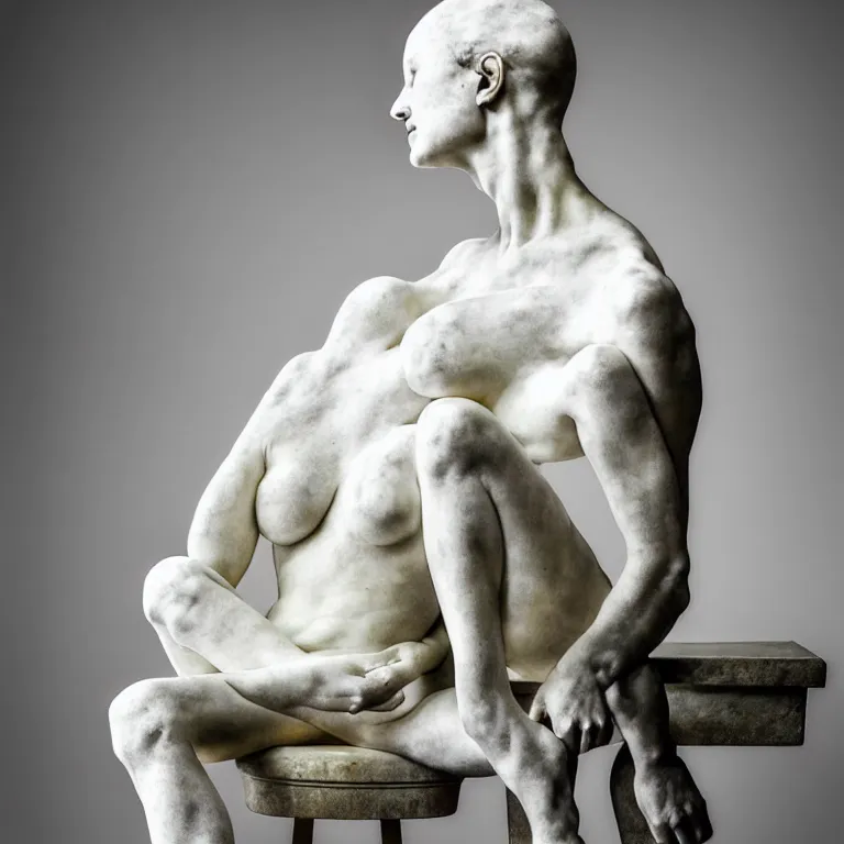 Prompt: a sculpture of a person sitting on top of a chair, a white marble sculpture by nicola samori, behance, neo - expressionism, marble sculpture, apocalypse art, made of mist