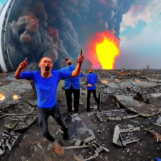 Prompt: a frightened ukrainian dying in blue clothes below and above against the background of a huge yellow nuclear explosion burning him alive, selfie 2 0 2 2