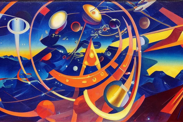 Image similar to space exploration during renaissance by Joseph Stella, Futurism style, oil painting