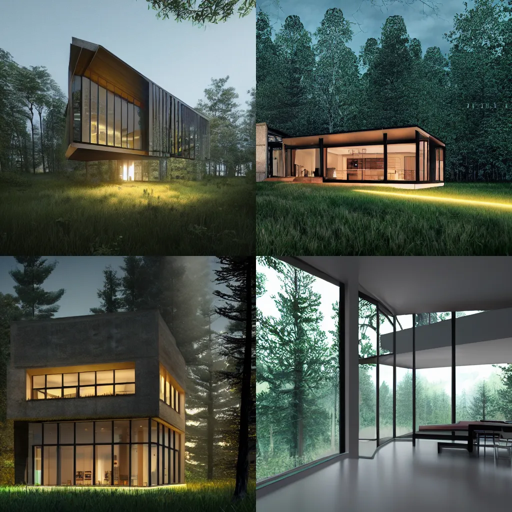 Image similar to a house in the middle of the forest, lights inside, contemporary architecture, architecture render, unreal engine, detailed