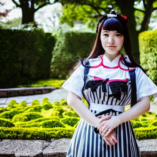Image similar to a full body portrait of a young woman in Japanese maid uniform standing in front of a fountain in a park, 8k, cinematic, photo taken with Sony a7R camera, by William-Adolphe